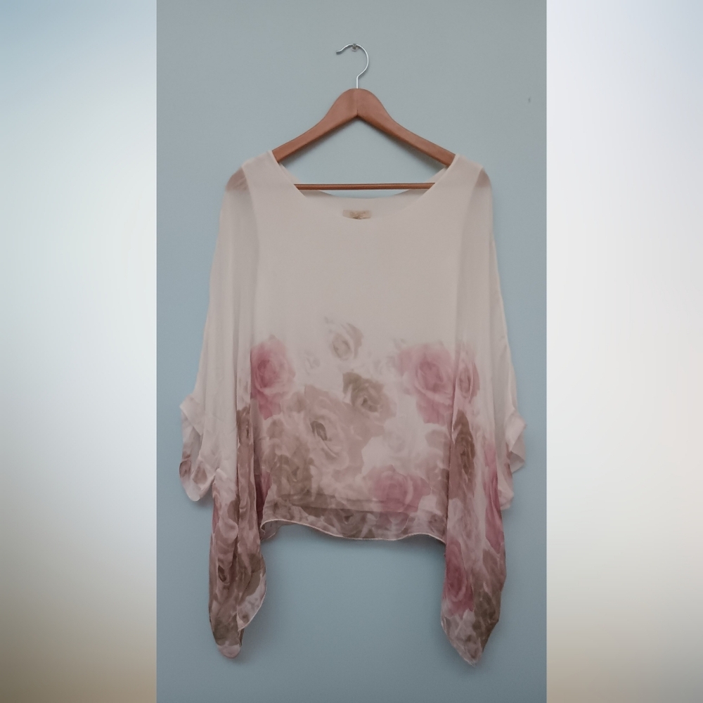 Giusy Women's Top Sheer Floral Blouse Tunic Beige Pale Pink Brown M